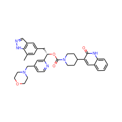 Cc1cc(C[C@H](OC(=O)N2CCC(c3cc4ccccc4[nH]c3=O)CC2)c2cc(CN3CCOCC3)ccn2)cc2cn[nH]c12 ZINC000084603740