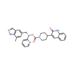 Cc1cc(C[C@H](OC(=O)N2CCC(c3cc4ccccc4[nH]c3=O)CC2)c2ccccn2)cc2cn[nH]c12 ZINC000084634304