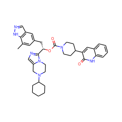 Cc1cc(C[C@H](OC(=O)N2CCC(c3cc4ccccc4[nH]c3=O)CC2)c2ncc3n2CCN(C2CCCCC2)C3)cc2cn[nH]c12 ZINC000096284741