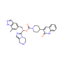 Cc1cc(C[C@H](OC(=O)N2CCC(c3cc4ccccc4[nH]c3=O)CC2)c2ncc3n2CCNC3)cc2cn[nH]c12 ZINC000096284735