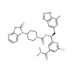 Cc1cc(C[C@H](OC(=O)N2CCC(n3c(=O)[nH]c4ncccc43)CC2)c2cc(C(=O)N(C)C)cc(Cl)n2)cc2cn[nH]c12 ZINC000084618607