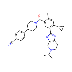 Cc1cc(C2CC2)c(-c2nc3c([nH]2)CN(C(C)C)CC3)cc1C(=O)N1CCC(c2ccc(C#N)cc2)CC1 ZINC000150219457