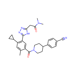 Cc1cc(C2CC2)c(-c2nnc(CC(=O)N(C)C)[nH]2)cc1C(=O)N1CCC(c2ccc(C#N)cc2)CC1 ZINC000150263342