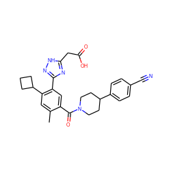 Cc1cc(C2CCC2)c(-c2n[nH]c(CC(=O)O)n2)cc1C(=O)N1CCC(c2ccc(C#N)cc2)CC1 ZINC000220785573