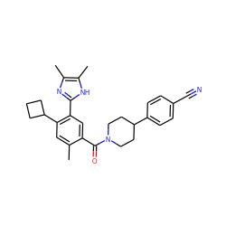 Cc1cc(C2CCC2)c(-c2nc(C)c(C)[nH]2)cc1C(=O)N1CCC(c2ccc(C#N)cc2)CC1 ZINC000150312609