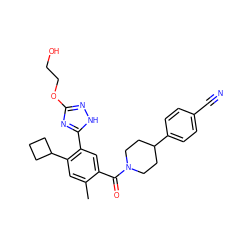 Cc1cc(C2CCC2)c(-c2nc(OCCO)n[nH]2)cc1C(=O)N1CCC(c2ccc(C#N)cc2)CC1 ZINC000220784702