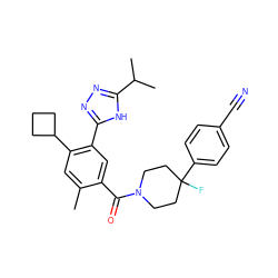 Cc1cc(C2CCC2)c(-c2nnc(C(C)C)[nH]2)cc1C(=O)N1CCC(F)(c2ccc(C#N)cc2)CC1 ZINC000150028037