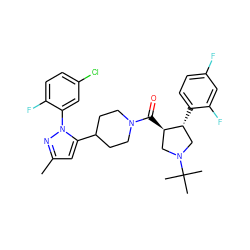 Cc1cc(C2CCN(C(=O)[C@@H]3CN(C(C)(C)C)C[C@H]3c3ccc(F)cc3F)CC2)n(-c2cc(Cl)ccc2F)n1 ZINC000084635284