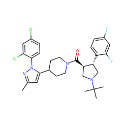 Cc1cc(C2CCN(C(=O)[C@@H]3CN(C(C)(C)C)C[C@H]3c3ccc(F)cc3F)CC2)n(-c2ccc(Cl)cc2Cl)n1 ZINC000084632111