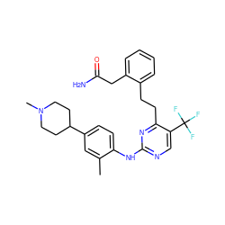 Cc1cc(C2CCN(C)CC2)ccc1Nc1ncc(C(F)(F)F)c(CCc2ccccc2CC(N)=O)n1 ZINC000201543830