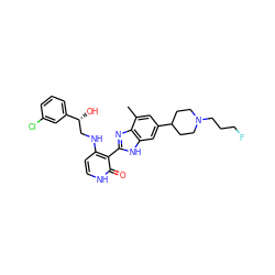 Cc1cc(C2CCN(CCCF)CC2)cc2[nH]c(-c3c(NC[C@@H](O)c4cccc(Cl)c4)cc[nH]c3=O)nc12 ZINC000044406305