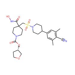 Cc1cc(C2CCN(S(=O)(=O)CC3(C(=O)NO)CCN(C(=O)O[C@H]4CCOC4)CC3)CC2)cc(C)c1C#N ZINC000029039910