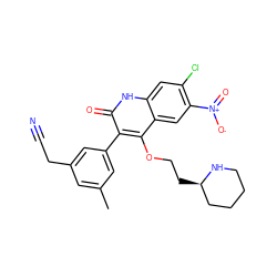 Cc1cc(CC#N)cc(-c2c(OCC[C@@H]3CCCCN3)c3cc([N+](=O)[O-])c(Cl)cc3[nH]c2=O)c1 ZINC000029411284