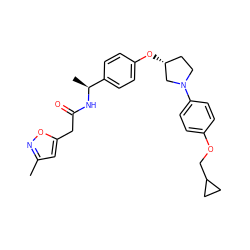 Cc1cc(CC(=O)N[C@@H](C)c2ccc(O[C@@H]3CCN(c4ccc(OCC5CC5)cc4)C3)cc2)on1 ZINC001772617659