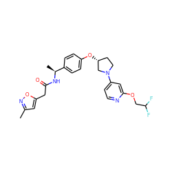 Cc1cc(CC(=O)N[C@@H](C)c2ccc(O[C@@H]3CCN(c4ccnc(OCC(F)F)c4)C3)cc2)on1 ZINC000169709593