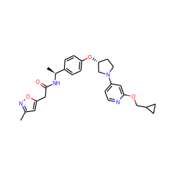 Cc1cc(CC(=O)N[C@@H](C)c2ccc(O[C@@H]3CCN(c4ccnc(OCC5CC5)c4)C3)cc2)on1 ZINC000169709568