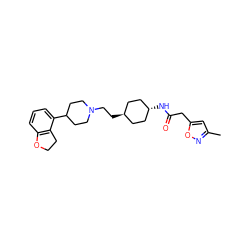 Cc1cc(CC(=O)N[C@H]2CC[C@H](CCN3CCC(c4cccc5c4CCO5)CC3)CC2)on1 ZINC000261170156