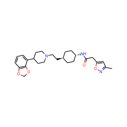 Cc1cc(CC(=O)N[C@H]2CC[C@H](CCN3CCC(c4cccc5c4OCO5)CC3)CC2)on1 ZINC000261178709