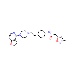 Cc1cc(CC(=O)N[C@H]2CC[C@H](CCN3CCN(c4nccc5c4CCO5)CC3)CC2)on1 ZINC000261192340