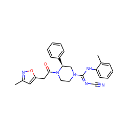 Cc1cc(CC(=O)N2CCN(/C(=N/C#N)Nc3ccccc3C)C[C@@H]2c2ccccc2)on1 ZINC000029129101