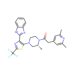 Cc1cc(CC(=O)N2CCN(c3sc(C(F)(F)F)nc3-c3nc4ccccc4[nH]3)C[C@H]2C)cc(C)n1 ZINC000143772439