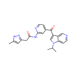 Cc1cc(CC(=O)Nc2cc(C(=O)c3cn(C(C)C)c4ccncc34)ccn2)n[nH]1 ZINC001772653438