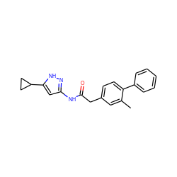 Cc1cc(CC(=O)Nc2cc(C3CC3)[nH]n2)ccc1-c1ccccc1 ZINC000040951494