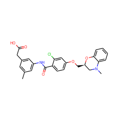 Cc1cc(CC(=O)O)cc(NC(=O)c2ccc(OC[C@@H]3CN(C)c4ccccc4O3)cc2Cl)c1 ZINC000072113193