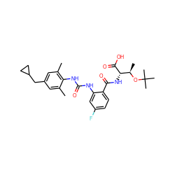 Cc1cc(CC2CC2)cc(C)c1NC(=O)Nc1cc(F)ccc1C(=O)N[C@H](C(=O)O)[C@@H](C)OC(C)(C)C ZINC000040864804