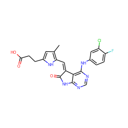 Cc1cc(CCC(=O)O)[nH]c1/C=C1\C(=O)Nc2ncnc(Nc3ccc(F)c(Cl)c3)c21 ZINC000012352736