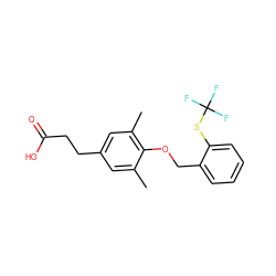 Cc1cc(CCC(=O)O)cc(C)c1OCc1ccccc1SC(F)(F)F ZINC001772638409