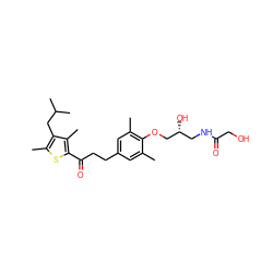 Cc1cc(CCC(=O)c2sc(C)c(CC(C)C)c2C)cc(C)c1OC[C@H](O)CNC(=O)CO ZINC000103257872