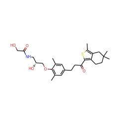 Cc1cc(CCC(=O)c2sc(C)c3c2CCC(C)(C)C3)cc(C)c1OC[C@H](O)CNC(=O)CO ZINC000036478602