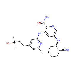 Cc1cc(CCC(C)(C)O)cc(Nc2cc(N[C@@H]3CCCC[C@@H]3N)cnc2C(N)=O)n1 ZINC000299857225