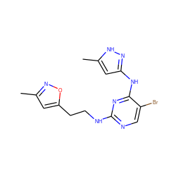 Cc1cc(CCNc2ncc(Br)c(Nc3cc(C)[nH]n3)n2)on1 ZINC000084731552