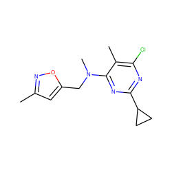 Cc1cc(CN(C)c2nc(C3CC3)nc(Cl)c2C)on1 ZINC000473118702