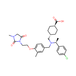 Cc1cc(CN(C[C@H]2CC[C@H](C(=O)O)CC2)[C@@H](C)c2ccc(Cl)cc2)ccc1OCCN1C(=O)CN(C)C1=O ZINC000473228920