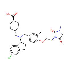 Cc1cc(CN(C[C@H]2CC[C@H](C(=O)O)CC2)[C@H]2CCc3cc(Cl)ccc32)ccc1OCCN1C(=O)CN(C)C1=O ZINC000473228737