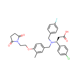 Cc1cc(CN(Cc2ccc(F)cc2)[C@@H](CC(=O)O)c2ccc(Cl)cc2)ccc1OCCN1C(=O)CCC1=O ZINC000225119212