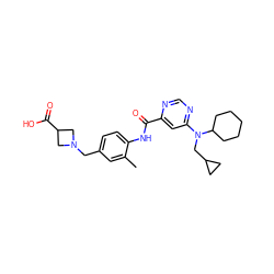 Cc1cc(CN2CC(C(=O)O)C2)ccc1NC(=O)c1cc(N(CC2CC2)C2CCCCC2)ncn1 ZINC000049792962