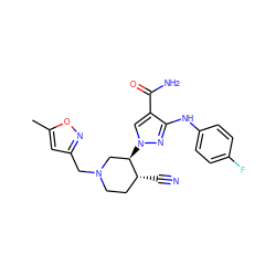 Cc1cc(CN2CC[C@@H](C#N)[C@H](n3cc(C(N)=O)c(Nc4ccc(F)cc4)n3)C2)no1 ZINC000204968085