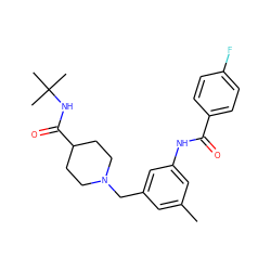 Cc1cc(CN2CCC(C(=O)NC(C)(C)C)CC2)cc(NC(=O)c2ccc(F)cc2)c1 ZINC001772589900