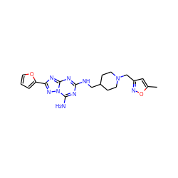 Cc1cc(CN2CCC(CNc3nc(N)n4nc(-c5ccco5)nc4n3)CC2)no1 ZINC000013612419