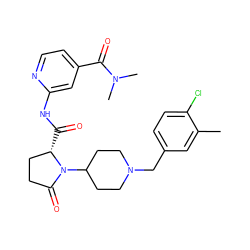 Cc1cc(CN2CCC(N3C(=O)CC[C@@H]3C(=O)Nc3cc(C(=O)N(C)C)ccn3)CC2)ccc1Cl ZINC000116817273