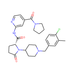 Cc1cc(CN2CCC(N3C(=O)CC[C@@H]3C(=O)Nc3cc(C(=O)N4CCCC4)ccn3)CC2)ccc1Cl ZINC000116815871