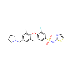 Cc1cc(CN2CCCC2)cc(C)c1Oc1ccc(S(=O)(=O)Nc2nccs2)cc1F ZINC000095581282