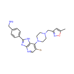 Cc1cc(CN2CCN(c3c(Br)cnc4nc(-c5ccc(CN)cc5)[nH]c34)CC2)no1 ZINC000049089046