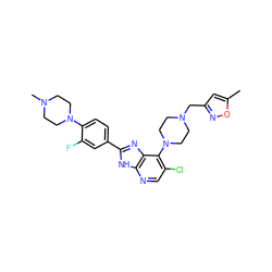 Cc1cc(CN2CCN(c3c(Cl)cnc4[nH]c(-c5ccc(N6CCN(C)CC6)c(F)c5)nc34)CC2)no1 ZINC000095563373