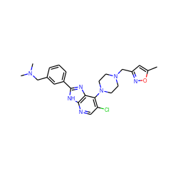 Cc1cc(CN2CCN(c3c(Cl)cnc4[nH]c(-c5cccc(CN(C)C)c5)nc34)CC2)no1 ZINC000095558439