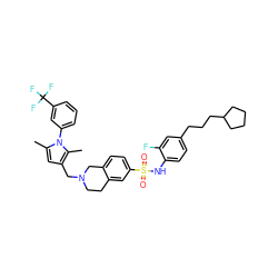 Cc1cc(CN2CCc3cc(S(=O)(=O)Nc4ccc(CCCC5CCCC5)cc4F)ccc3C2)c(C)n1-c1cccc(C(F)(F)F)c1 ZINC000203662693